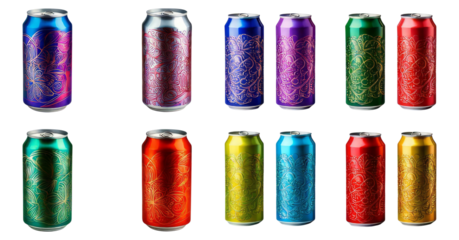 Colorful Cans with Intricate Designs for Beverage Packaging, Isolated on Transparent, white background