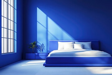 A blue bedroom with a bed and a plant