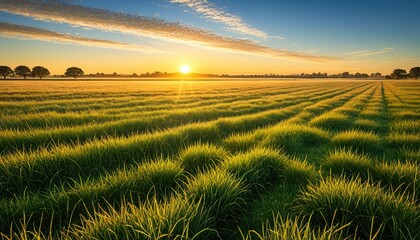 Golden sunrise over a lush, vibrant green field. Rows of grass lead towards the horizon