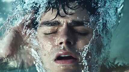 A young man's face emerges from the water, his eyes closed and mouth open in a gasp for air. The water creates a dramatic splash around him.