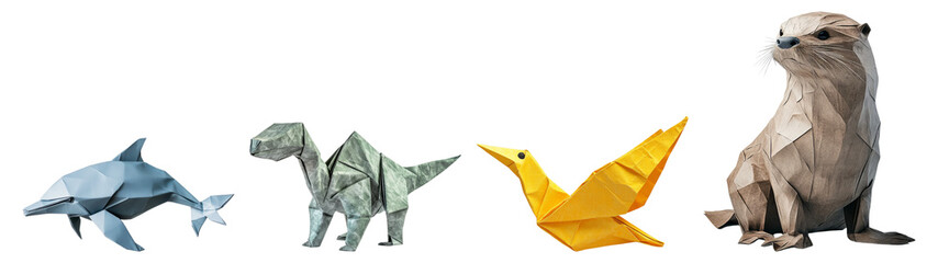 Colorful Origami Animals Including Dolphin, Dinosaur, Bird, and Otter, Isolated on Transparent Background