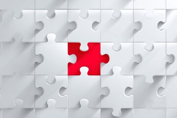 Fototapeta premium a white puzzle with one red piece in the center, vector illustration, flat design, simple shapes, white background