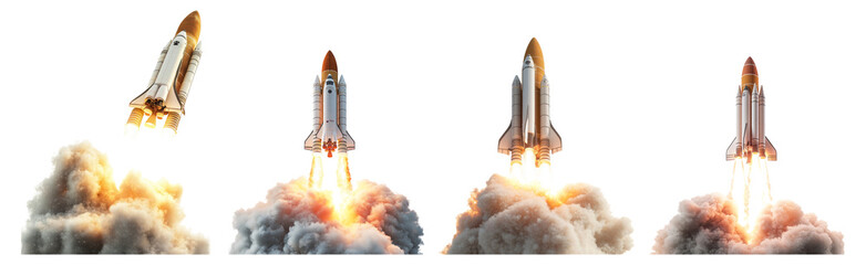 Rocket Launch Sequence with Colorful Clouds and Flames, Isolated on Transparent Background