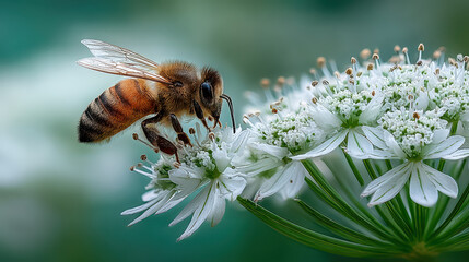Close up of bee collecting nectar from delicate white flowers, showcasing intricate details of its wings and body against soft green background