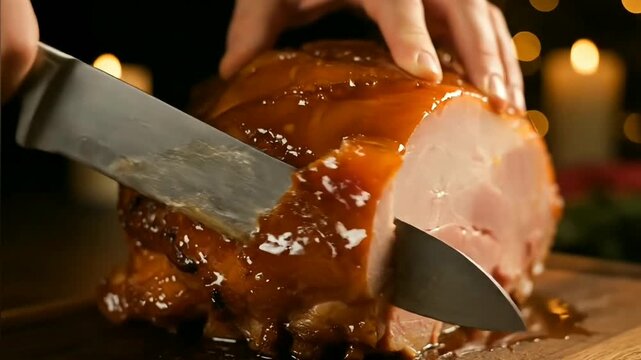slicing festive glazed ham holiday dinner