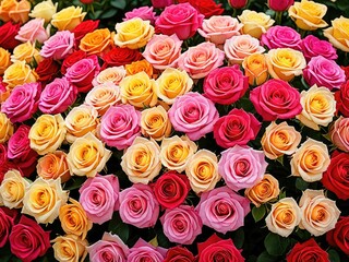 Fototapeta premium Vivid closeup of a dense array of colorful roses in vibrant hues
