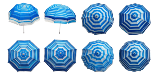 Colorful Blue Striped Umbrellas for Beach and Outdoor Use, Isolated on Transparent, white background