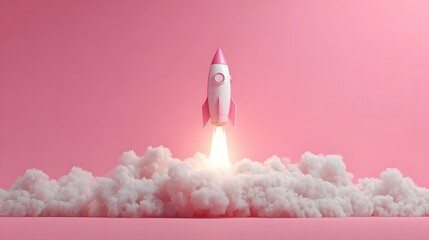 Fototapeta premium Pink rocket launches from clouds with bright exhaust against a pink background.