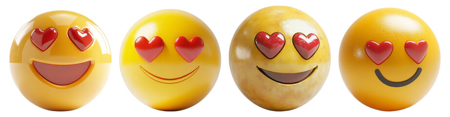 Expressive Joyful Emojis with Love Eyes and Happy Smiles, Isolated on Transparent Background