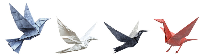 Colorful Origami Birds in Flight Displaying Craft and Artistry, Isolated on Transparent Background