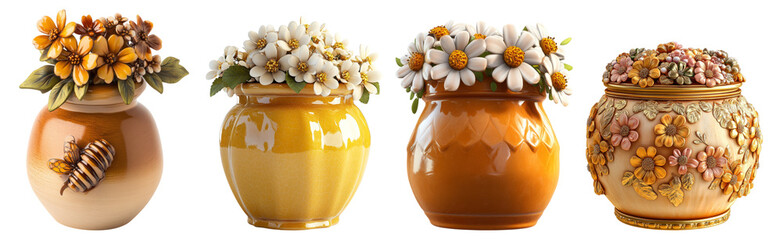 Decorative Ceramic Jars with Floral Designs and Vibrant Colors, Isolated on Transparent Background