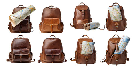 Vintage Brown Leather Backpacks with Maps for Travel Adventures, Isolated on Transparent, white background