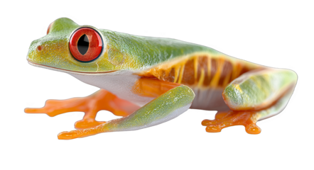 A red-eyed tree frog with bright green body, orange limbs, and striking red eyes, showcasing its unique and colorful appearance.