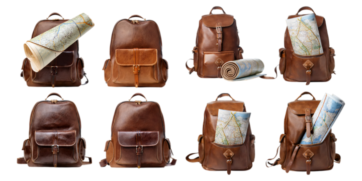 Vintage Brown Leather Backpacks with Maps for Travel Adventures, Isolated on Transparent, white background