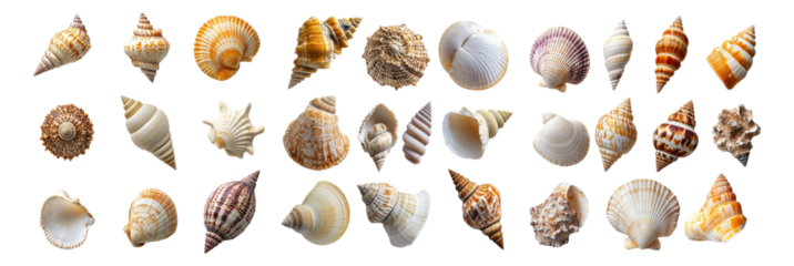 Collection of Various Shells Displaying Unique Shapes and Colors, Isolated on Transparent, white background