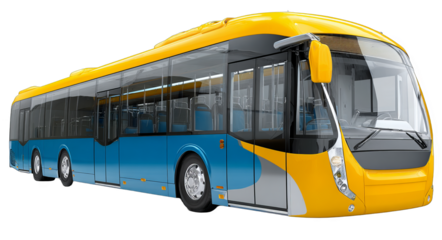 A modern large bus with yellow and blue colors, designed for urban public transportation, showing its exterior structure.