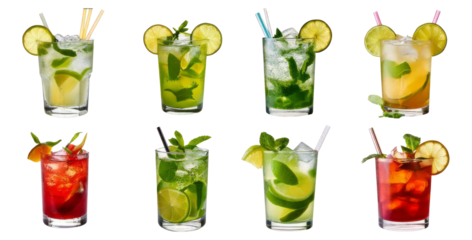 Refreshing Collection of Colorful Cocktails with Fresh Ingredients, Isolated on Transparent, white background