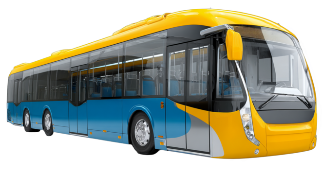 A modern large bus with yellow and blue colors, designed for urban public transportation, showing its exterior structure.
