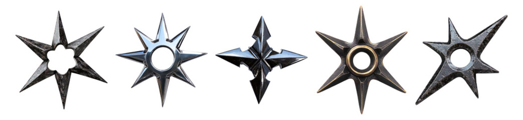 Decorative Metal Stars with Various Designs and Textures, Isolated on Transparent, white background