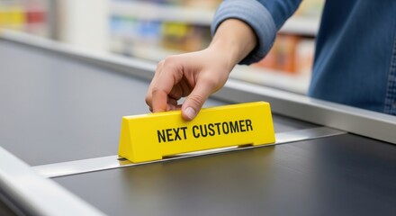 Hand placing a next customer divider on a checkout counter belt at a grocery store. retail shopping, buying food, and payment.