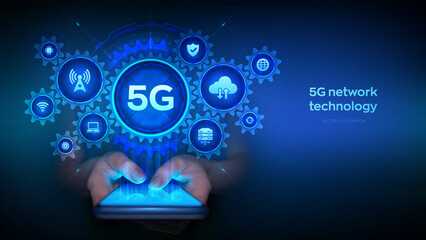 5G network wireless systems technology concept. Smartphone in hands connected to 5G network. Smart city. IOT. 5G mobile internet wifi connection. Interconnected gears with icons. Vector illustration.