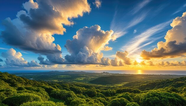 Lush green landscape under dramatic sky, sun setting over ocean, and fluffy clouds - Powered by Adobe