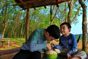 Two children sharing a fresh coconut drink outdoors, joyful bonding and lifestyle concept of childhood happiness.