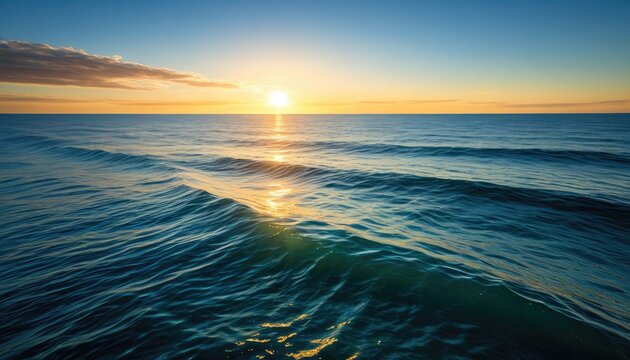 Golden sunrise over ocean waves, capturing light and serene seascape beauty