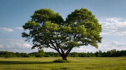 Obraz premium Heart-shaped tree stands alone in a vibrant green meadow under a clear sky.