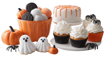 A variety of Halloween themed sweet treats including cupcakes with white frosting, ghost cookies, and a decorated cake with orange details.