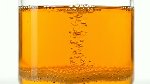 effervescent tablet dissolving in amber liquid creating bubbles