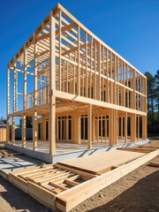 Obraz premium New house under construction, wooden frame exposed, sunny day