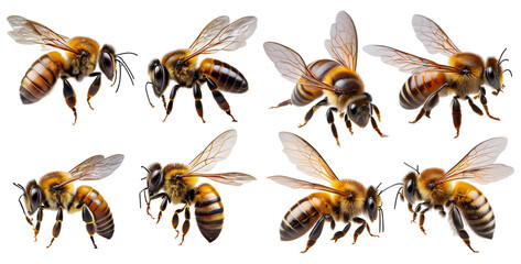 Close-up View of Bees in Various Poses with Transparent Background, isolated on transparent background