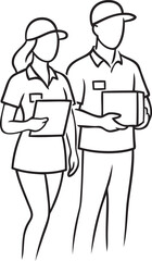 Delivery workers man and woman – line art illustration