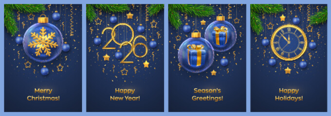 Christmas card set. Happy New Year 2026. Golden numbers 2026 and countdown clock. Gift boxes, shining gold snowflake in glass baubles, fir branches, stars, and Christmas balls. Vector illustration.