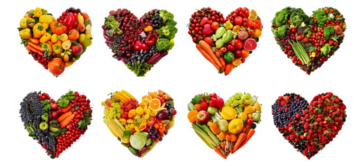 Colorful Hearts Filled with Fresh Fruits and Vegetables for Health, Isolated on Transparent, white background
