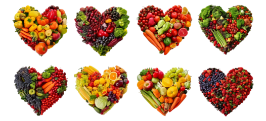 Colorful Hearts Filled with Fresh Fruits and Vegetables for Health, Isolated on Transparent, white background