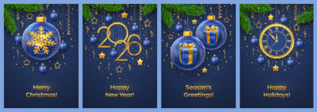 Christmas card set. Happy New Year 2026. Golden numbers 2026 and countdown clock. Gift boxes, shining gold snowflake in glass baubles, fir branches, stars, and Christmas balls. Vector illustration.