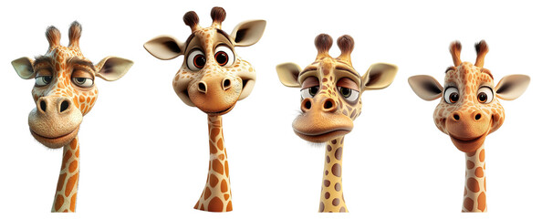 Playful Cartoon Giraffes with Different Expressions and Poses, Isolated on Transparent Background