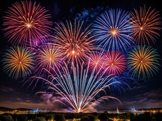 Colorful fireworks burst in the night sky above a dark landscape