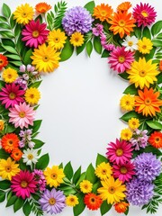 Obraz premium Colorful floral wreath design with variety of bright flowers and green foliage