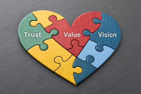 Heart shaped puzzle pieces representing trust value vision together - Powered by Adobe