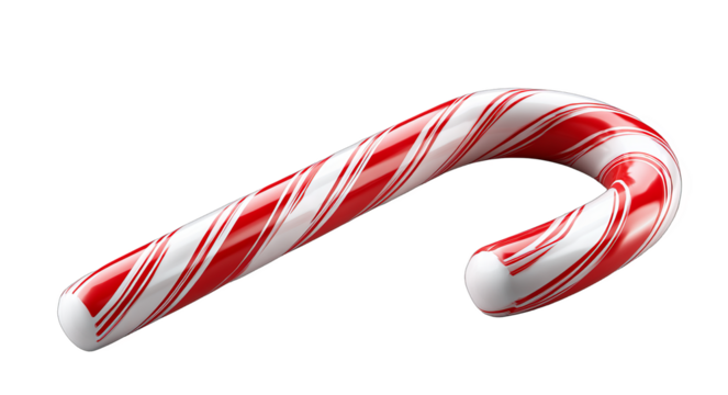 A red and white striped candy cane, typical for Christmas, used as a festive decoration.
