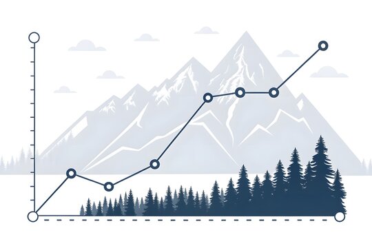 Minimalist line graph morphing into a majestic mountain landscape with forest silhouette