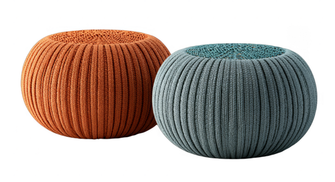 Two round knitted poufs in orange and blue colors, designed for modern interior decoration, showcasing textured fabric and comfortable seating.