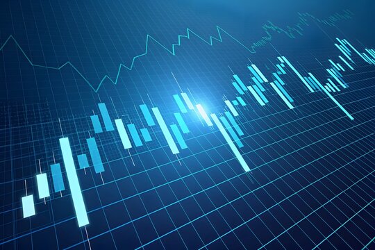 Glowing 3d candlestick charts floating over deep blue background for financial analysis