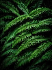 Lush green fern fronds, dense and vibrant, against a dark background