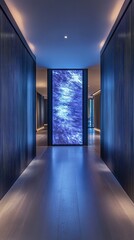 A hallway with a large screen on the wall
