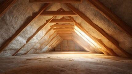 Underside view of a sunlit attic with wooden beams and insulation.
