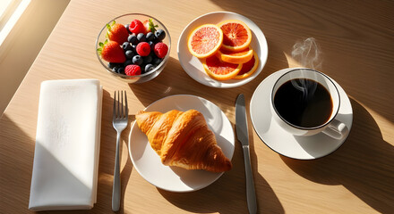 Delicious continental breakfast with croissant, coffee cup, and fresh berries on wooden table in morning sunlight, hotel brunch concept, healthy lifestyle food photography, elegant breakfast setup
